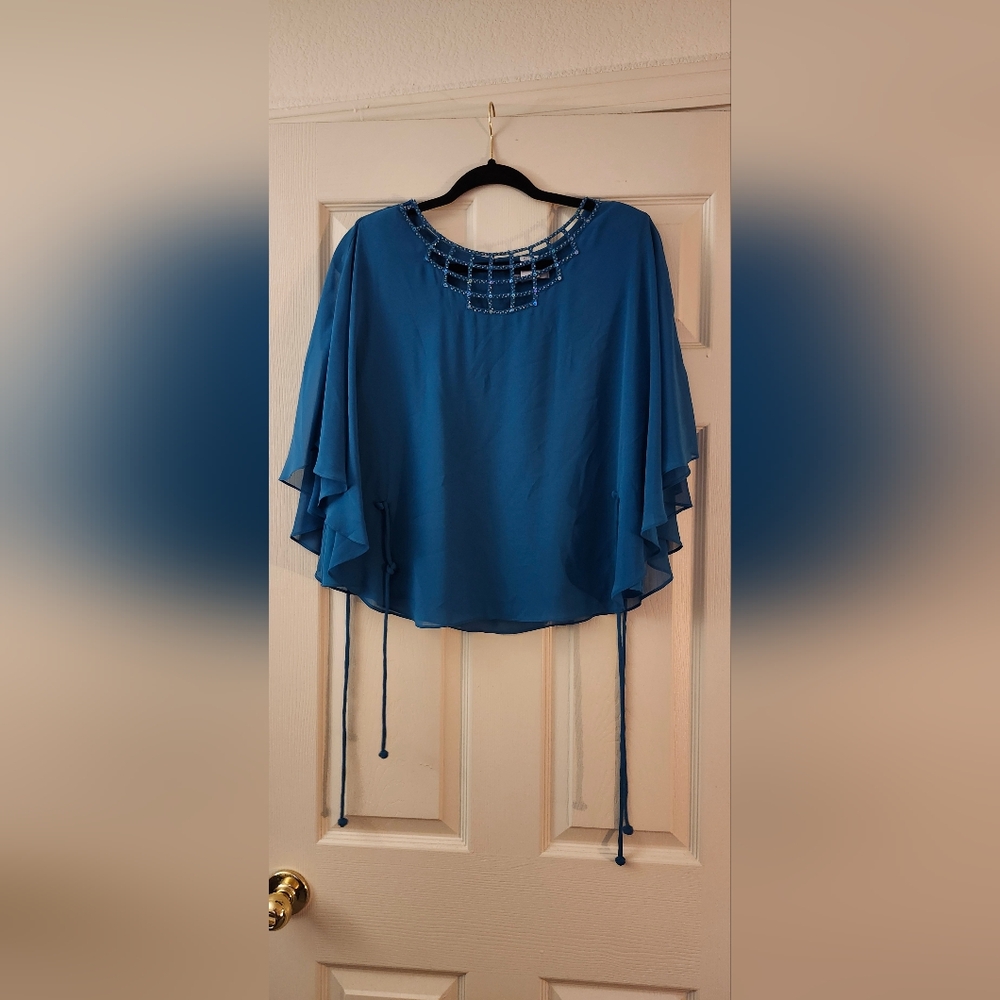 Blue Women's Top with Beaded Neckline
